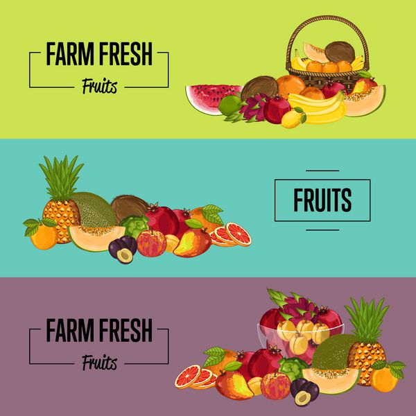 وکتور پوستر محصولات کشاورزی ارگانیک میوه های آبدار طبیعی تبلیغات فروشگاه تغذیه گیاهی غذای سالم ارگانیک گلابی آهک خربزه آووکادو موز هلو نارگیل سیب پرتقال