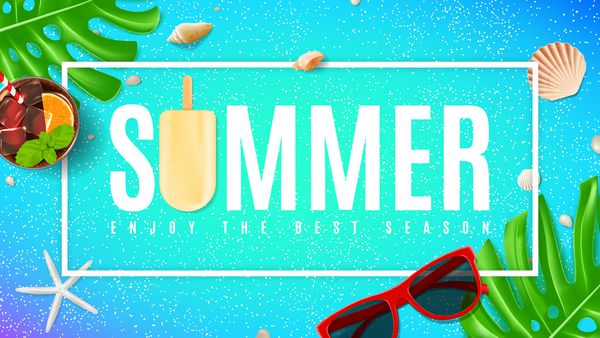 پس زمینه تابستانی زیبا با صدف های دریایی نمای بالای ترکیب با عینک آفتابی کوکتل تازه و بستنی در پس‌زمینه آبی وکتور بنر وب تعطیلات تابستانی
