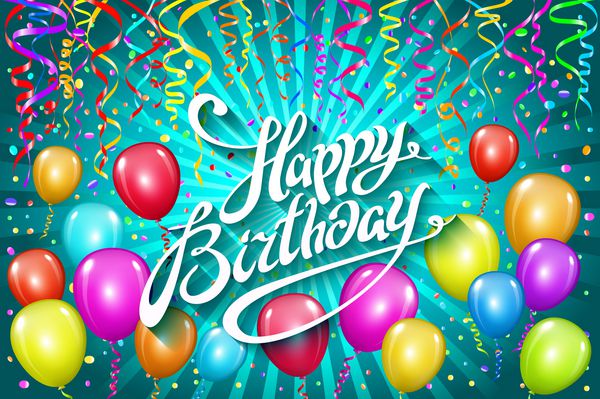 بادکنک تولدت مبارک بالن رنگارنگ پس زمینه آبی تعطیلات می درخشد تولدت مبارک برای شما لوگو کارت بنر وب طراحی