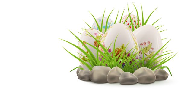 کارت پستال رنگارنگ تعطیلات عید پاک با تخم مرغ های تزئین شده که در چمن سبز و سنگ ها در پس زمینه سفید پنهان شده اند تصویر واقعی وکتور