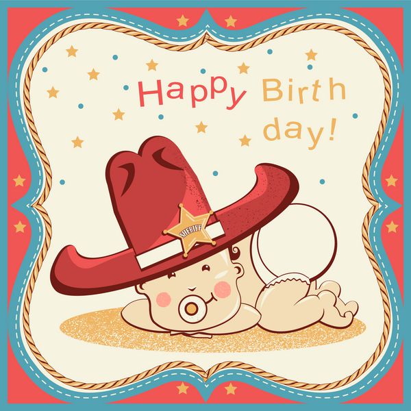 کارت تبریک تولد کابوی با کودک کوچک در کلاه کلانتری بزرگ غربی
