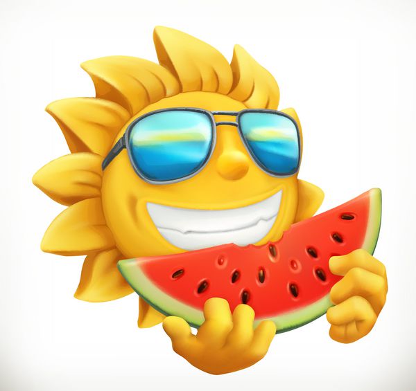 آفتاب سرگرم کننده تابستان با هندوانه نماد وکتور سه بعدی