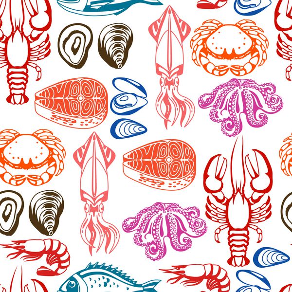 الگوی بدون درز با غذاهای دریایی مختلف تصویر ماهی صدف و سخت پوستان