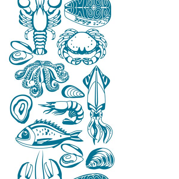 الگوی بدون درز با غذاهای دریایی مختلف تصویر ماهی صدف و سخت پوستان