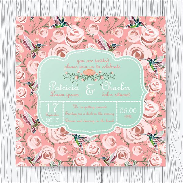 کارت دعوت عروسی با گل رز صورتی و الگوهای مرغ مگس خوار به سبک شیرین وینتیج