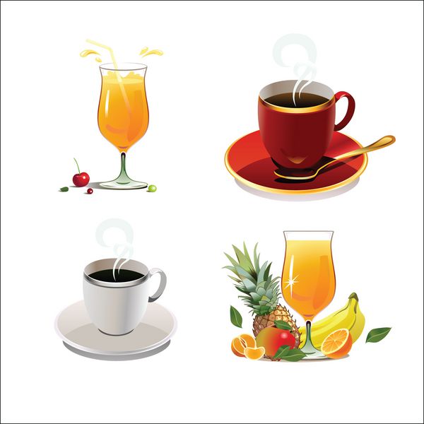 وکتور لیوان آب پرتقال یک فنجان چای و قهوه