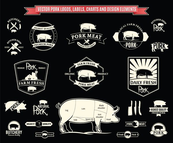 وکتور آرم گوشت خوک برچسب ها نمودارها و عناصر طراحی