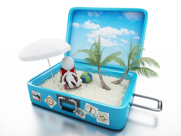 سفیدپوستان سه بعدی در یک چمدان مسافرتی تعطیلات ساحلی