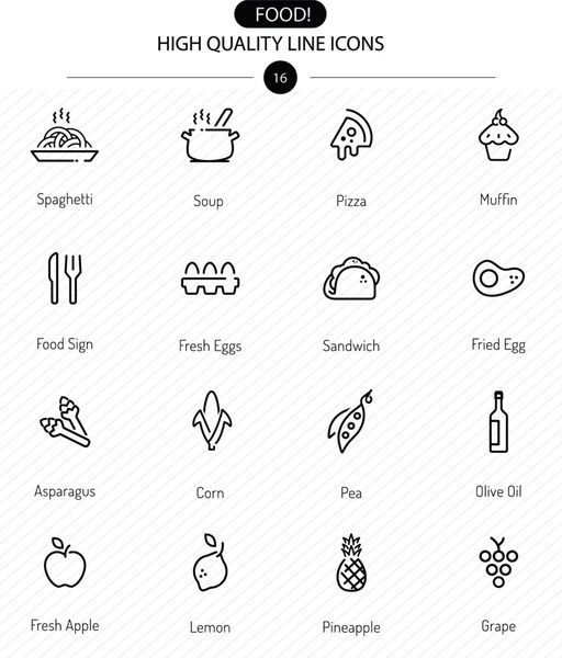 Food Icons Line Series خط آیکون های غذا از جمله شیرینی پیتزا