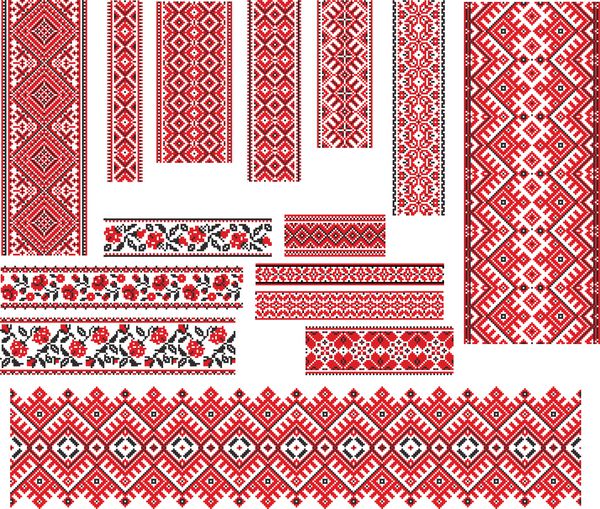 مجموعه ای از الگوهای دوخت گلدوزی قرمز و سیاه