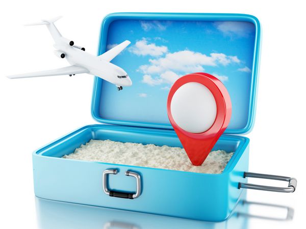 نشانگر هواپیما و نقشه سه بعدی در یک چمدان مسافرتی