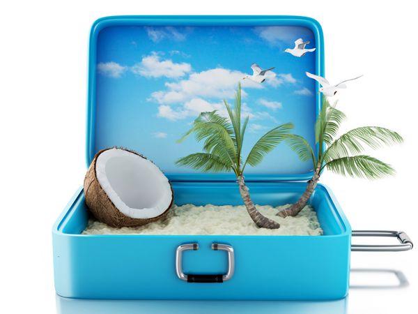 چمدان سفر سه بعدی بهشت ساحل پس زمینه سفید جدا شده