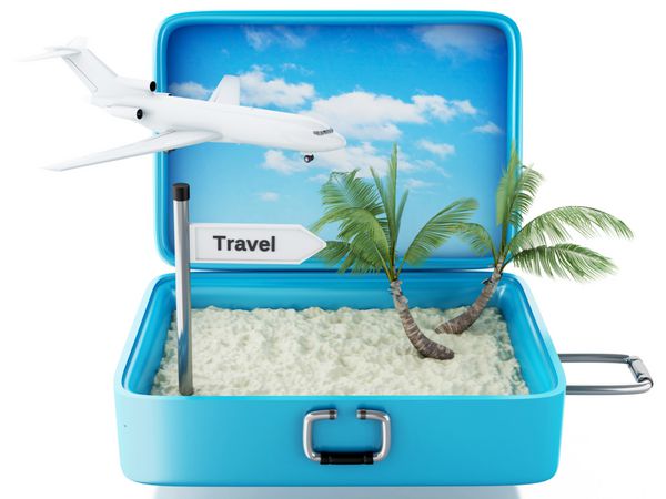 چمدان سفر سه بعدی بهشت ساحل پس زمینه سفید جدا شده