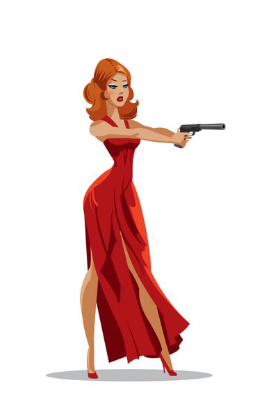 زن فوق العاده مامور با لباس قرمز با تفنگ