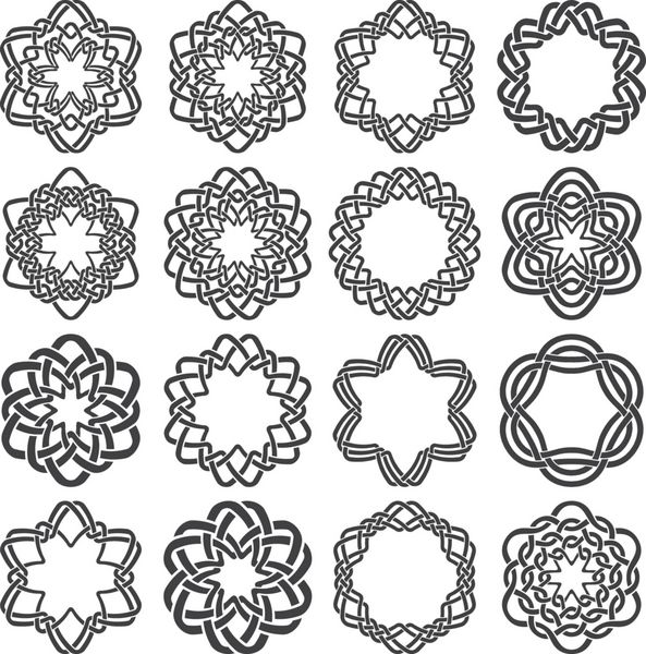 مجموعه دایره های گره زن جادویی شانزده عنصر تزئینی شش ضلعی با نوارهای بافته شده برای طراحی لوگو یا قاب مونوگرام شما مجموعه خلاقانه ماندالا
