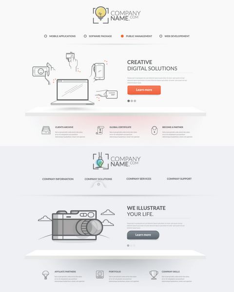 عناصر ناوبری قالب طراحی وب سایت مجموعه ای از دو صفحه اول وب سایت با آرم و نمادهای مفهومی شرکت شخصی
