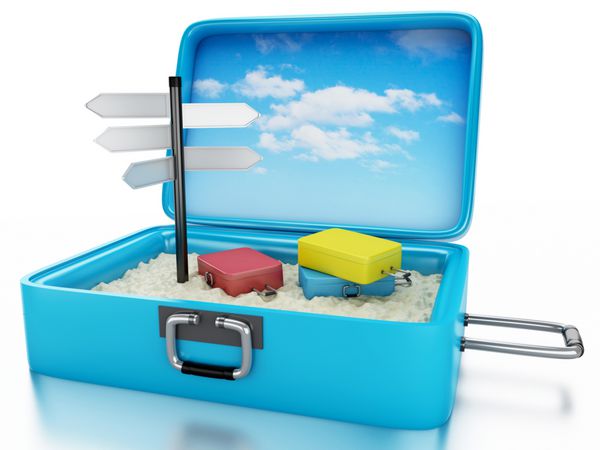 چمدان سفر سه بعدی مفهوم تعطیلات تابستانی