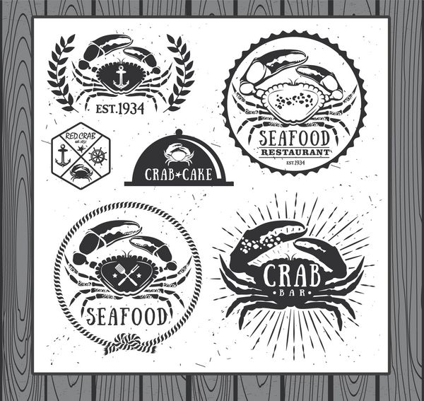 مجموعه ای از برچسب های غذاهای دریایی قدیمی نشان ها و عناصر طراحی