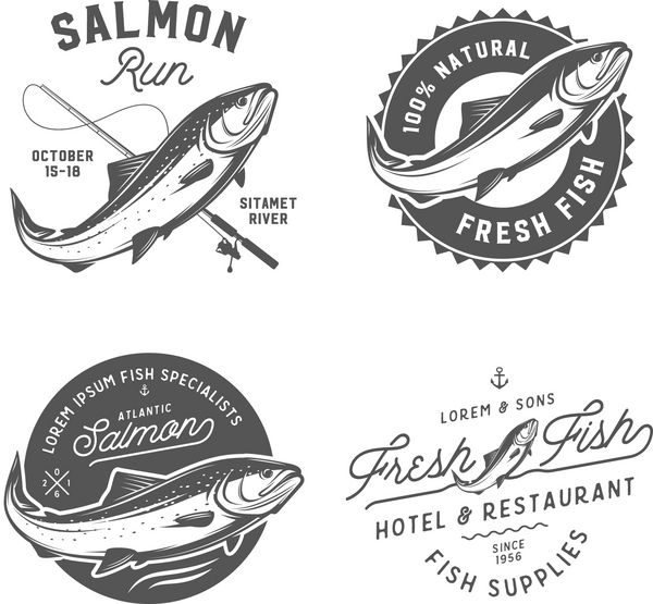 مجموعه ای از نمادها نشان ها و عناصر طراحی ماهی تازه ماهی قزل آلا