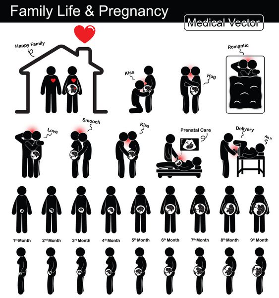 زندگی خانوادگی در دوران بارداری و رشد جنین زن باردار و رشد جنین در رحم گام به گام مفهوم پزشکی علم و بهداشت سیاه و سفید طراحی مسطح جدا شده