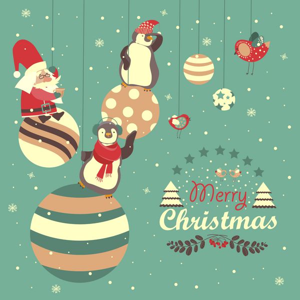 پنگوئن های بامزه با بابا نوئل در حال جشن گرفتن کریسمس