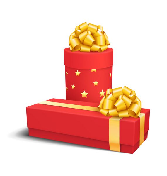 جعبه هدیه جشن قرمز با پاپیون طلایی زرد جدا شده روی سفید