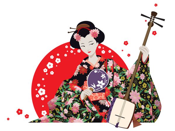 گیشا جذاب کیمونو پنکه و شامیسن با آفتاب قرمز و گل های گیلاس در دست گرفته است