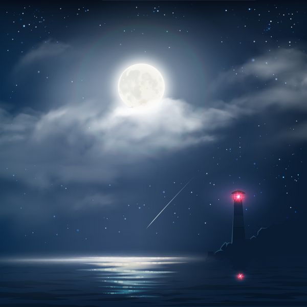 وکتور از آسمان شب ابری با ستاره ها ماه و دریا با فانوس دریایی