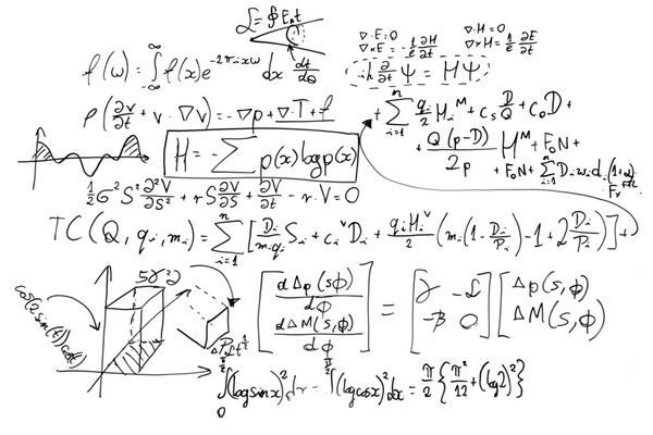 فرمول های پیچیده ریاضی روی تخته سفید ریاضیات و علوم با اقتصاد