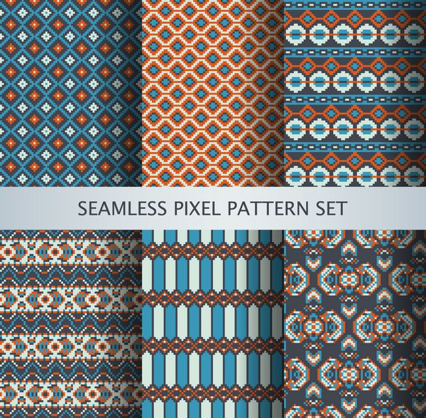 مجموعه ای از الگوهای بدون درز رنگارنگ پیکسلی با تزئینات ملی گرینلند وکتور