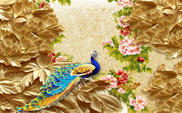 طرح پوستر سه بعدی گل های طلایی با طاووس
