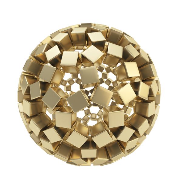 ترکیب کروی انتزاعی ساخته شده از مکعب های براق طلایی جدا شده در پس زمینه سفید