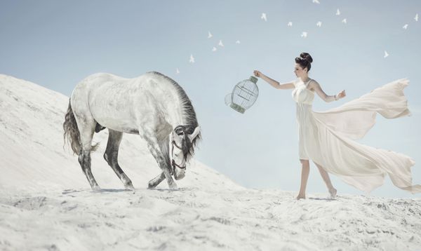 زنی با اسب سفید در صحرا