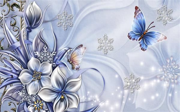 طرح پوستر کاغذ دیواری سه بعدی گل های آبی لاجوردی و پروانه