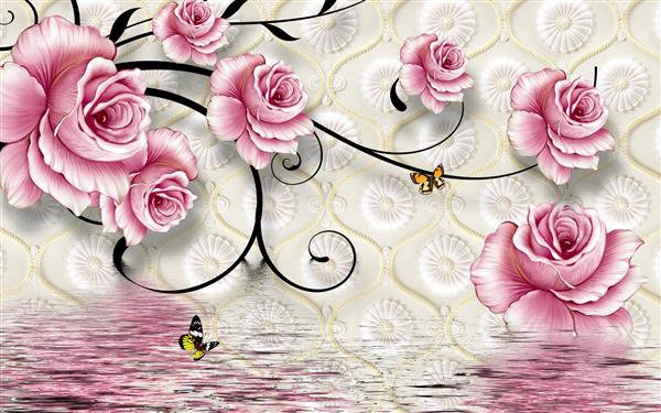 طرح پوستر کاغذ دیواری سه بعدی گل های رز صورتی و آب