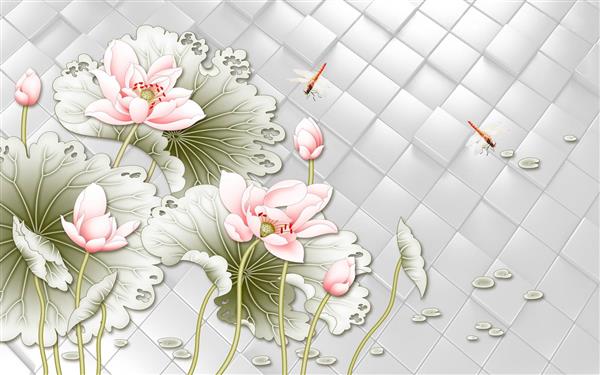 طرح پوستر کاغذ دیواری سه بعدی گل های نیلوفر