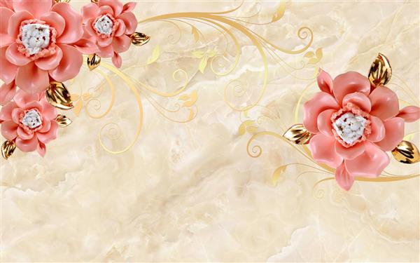طرح پوستر کاغذ دیواری سه بعدی گل های صورتی و مرمر