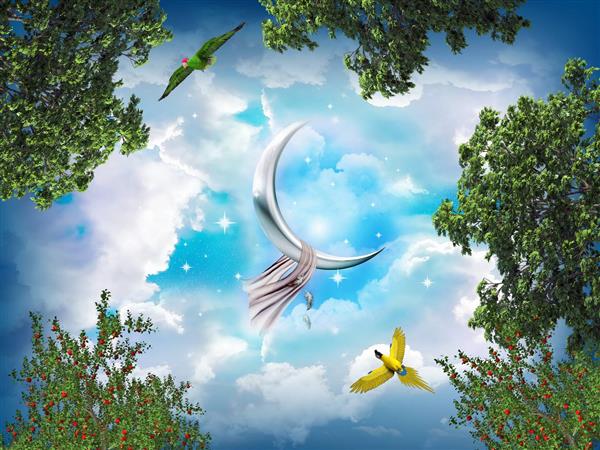 طرح آسمان مجازی سه بعدی درخت و پرنده