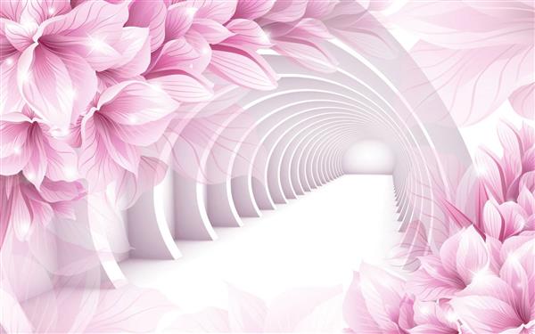 طرح پوستر کاغذ دیواری سه بعدی گل های صورتی و تونل