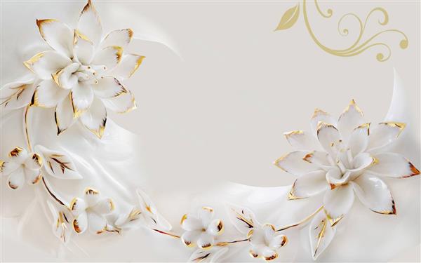 طرح پوستر کاغذ دیواری سه بعدی گل های سفید و طلایی