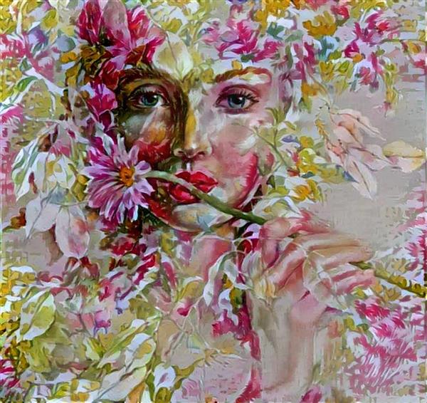 نقاشی دختر زیبا در پس زمینه گل های صورتی 