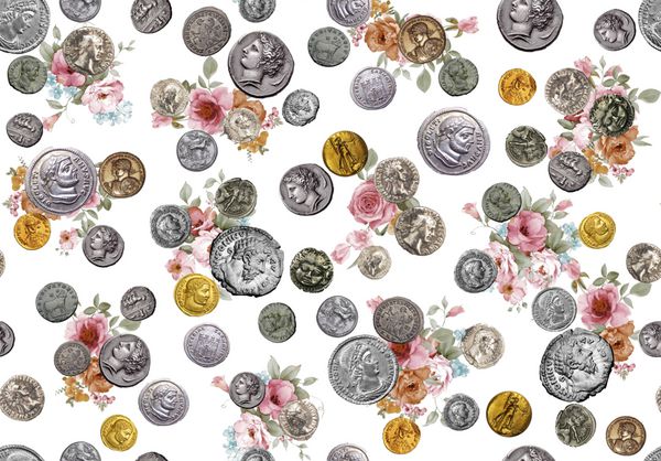 الگوی سکه های باستانی بدون درز با گل های آبرنگ و پس زمینه سفید برای چاپ پارچه
