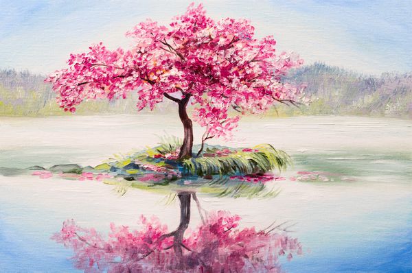 منظره نقاشی رنگ روغن درخت گیلاس شرقی ساکورا روی دریاچه
