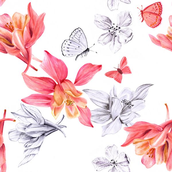 الگوی پس‌زمینه بدون درز با نقاشی‌های آبرنگ و طرح‌های مدادی از گل‌های فوشیا و پروانه‌های شکوفه‌دار