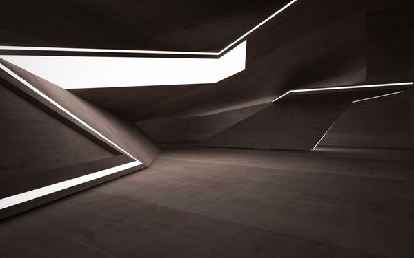 فضای داخلی اتاق بتنی قهوه ای انتزاعی تیره خالی پیشینه معماری نمای شب از نورپردازی شده تصویرسازی و رندر سه بعدی