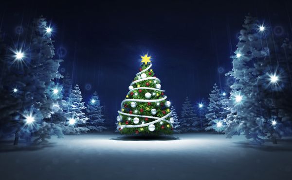درخت کریسمس در جنگل های جادویی پر زرق و برق زمستانی پس زمینه آبی فصلی تصویر سه بعدی