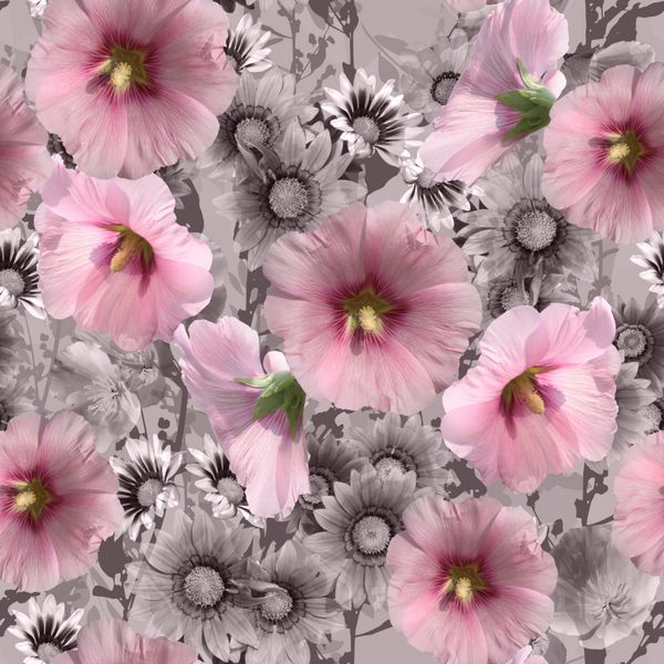 پس زمینه گل های زیبا الگوی بدون درز گل عکس هنری کولاژ پاستلی رنگ مد روز آبی صورتی