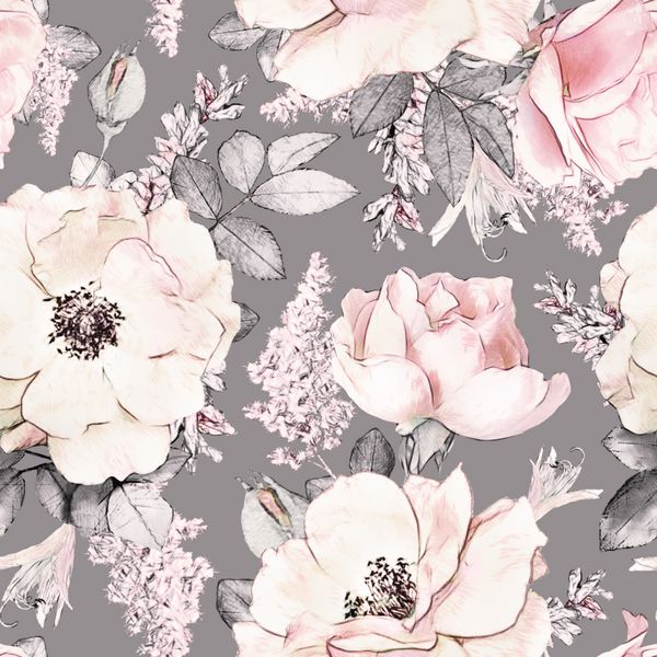 الگوی بدون درز با گل‌ها و برگ‌های صورتی در زمینه خاکستری طرح گل آبرنگ گل رز به رنگ پاستل قابل کاشی برای کاغذ دیواری کارت یا پارچه
