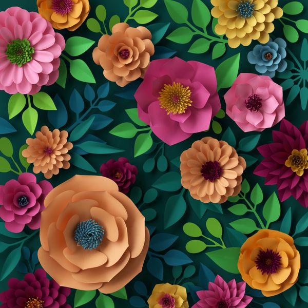 رندر سه بعدی تصویر دیجیتال کاغذ دیواری گل های کاغذی رنگارنگ پس زمینه بهار تابستان