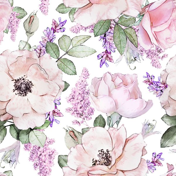 الگوی بدون درز با گل‌ها و برگ‌های صورتی در پس‌زمینه سفید طرح گل آبرنگ رز گل به رنگ پاستل قابل کاشی برای کاغذ دیواری کارت یا پارچه